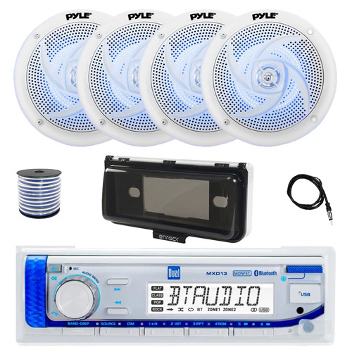 Dual MXD13 Single DIN Bluetooth Marine MP3 AM/FM Stereo Receiver with White Cover, 22" Radio Antenna, Wire, 4x 4" 100 Watt Max 2-Way  Blue Flashing LED Boat Audio Speakers (White)