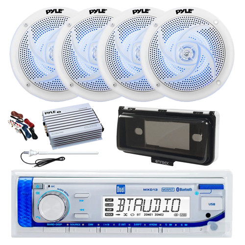 Dual MXD13 Single DIN Bluetooth Marine MP3 AM/FM Stereo Receiver, White Cover, Long Range Antenna, Amplifier w/Kit, 4x 4" 100 Watt 2-Way  Blue Flashing LED Boat Audio Speakers (White)
