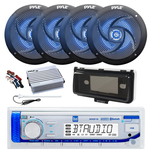 Dual MXD13 Single DIN Bluetooth Marine MP3 AM/FM Stereo Receiver, White Cover, Long Range Antenna, Amplifier w/Kit, 4x 5.25" 180 Watt Max 2-Way  Blue Flashing LED Boat Speakers (Black)