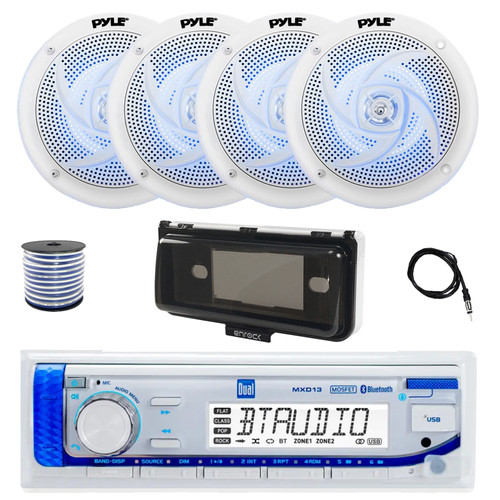 Dual MXD13 Single DIN Bluetooth Marine MP3 AM/FM Stereo Receiver with White Cover, 22" Radio Antenna, Wire, 4x 5.25" 180 Watt Max 2-Way  Blue Flashing LED Boat Audio Speakers (White)