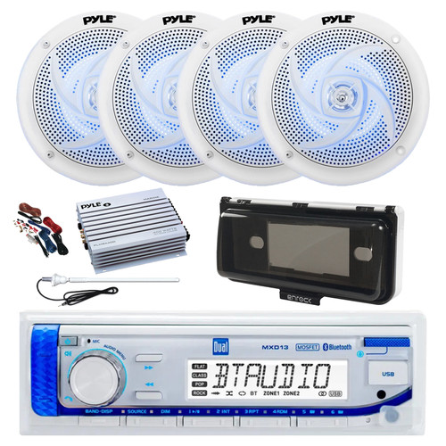 Dual MXD13 Single DIN Bluetooth Marine MP3 AM/FM Stereo Receiver, White Cover, Long Range Antenna, Amplifier w/Kit, 4x 5.25" 180 Watt Max 2-Way  Blue Flashing LED Boat Speakers (White)