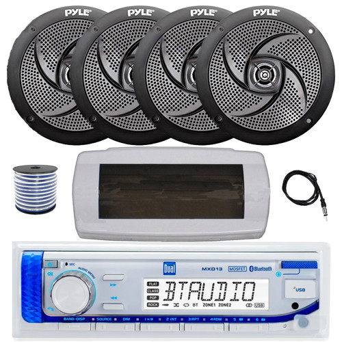 Dual MXD13 Single DIN Bluetooth Marine MP3 AM/FM Stereo Receiver with White Cover, 22" Radio Antenna, Wire, 4x 5.25" 180 Watt Max 2-Way Waterproof  Boat Audio Speakers (Black)