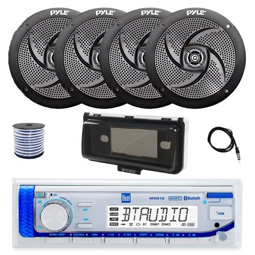 Dual MXD13 Single DIN Bluetooth Marine MP3 AM/FM Stereo Receiver with White Cover, 22" Radio Antenna, Wire, 4x 5.25" 180 Watt Max 2-Way Waterproof  Boat Audio Speakers (Black)