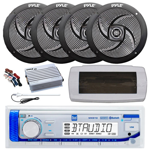 Dual MXD13 Single DIN Bluetooth Marine MP3 AM/FM Stereo Receiver, White Cover, Long Range Antenna, Amplifier w/Kit, 4x 5.25" 180 Watt Max 2-Way Waterproof  Boat Audio Speakers (Black)
