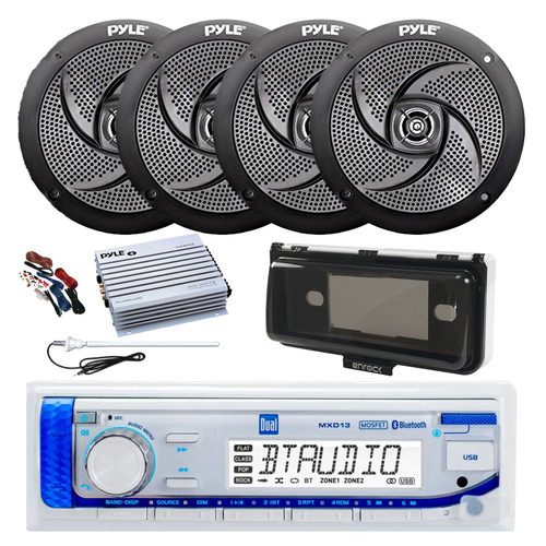 Dual MXD13 Single DIN Bluetooth Marine MP3 AM/FM Stereo Receiver, White Cover, Long Range Antenna, Amplifier w/Kit, 4x 5.25" 180 Watt Max 2-Way Waterproof  Boat Audio Speakers (Black)