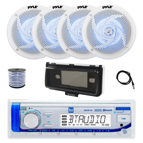 Dual MXD13 Single DIN Bluetooth Marine MP3 AM/FM Stereo Receiver with White Cover, 22" Radio Antenna, Wire, 4x 6'' 240 Watt Peak Power  2-Way Blue Flashing LED Audio Speakers (White)