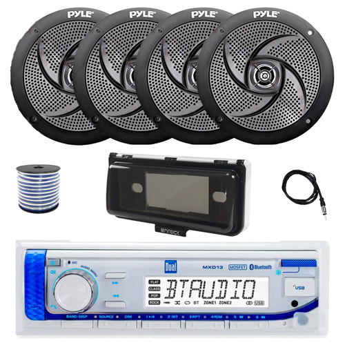 Dual MXD13 Single DIN Bluetooth Marine MP3 AM/FM Stereo Receiver with White Cover, 22" Radio Antenna, Wire, 4x 6'' 240 Watt Max  2-Way Boat Audio Speakers (Black)