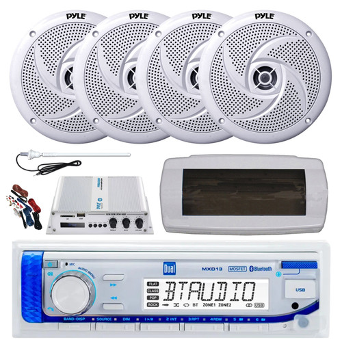 Dual MXD13 Single DIN Bluetooth Marine MP3 AM/FM Stereo Receiver with White Cover, Long Range Antenna, Amplifier w/Kit, 4x 6'' 240 Watt Max  2-Way Boat Audio Speakers (White)