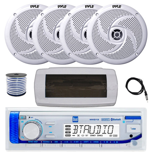 Dual MXD13 Single DIN Bluetooth Marine MP3 AM/FM Stereo Receiver with White Cover, 22" Radio Antenna, Wire, 4x 8'' 320 Watt Max  2-Way Boat Audio Speakers (White)