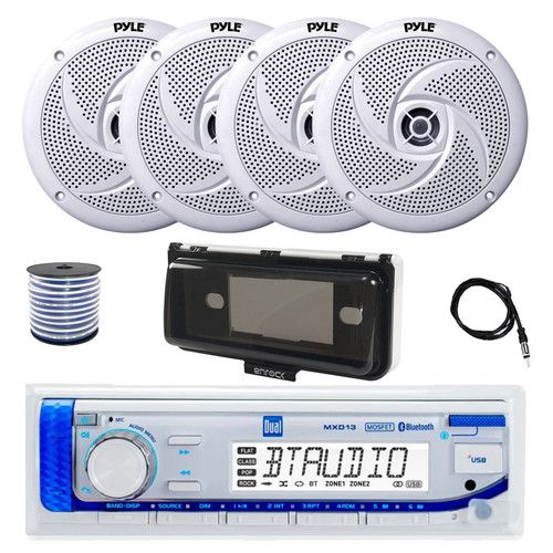 Dual MXD13 Single DIN Bluetooth Marine MP3 AM/FM Stereo Receiver with White Cover, 22" Radio Antenna, Wire, 4x 8'' 320 Watt Max  2-Way Boat Audio Speakers (White)