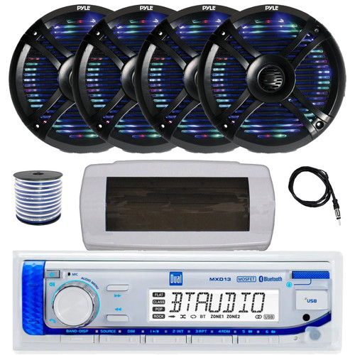 Dual MXD13 Single DIN Bluetooth Marine MP3 AM/FM Stereo Receiver with White Cover, 22" Radio Antenna, Wire, 4x 6.5" 250 Watt Max 2-Way Waterproof Multicolor LED Audio Speakers (Black)
