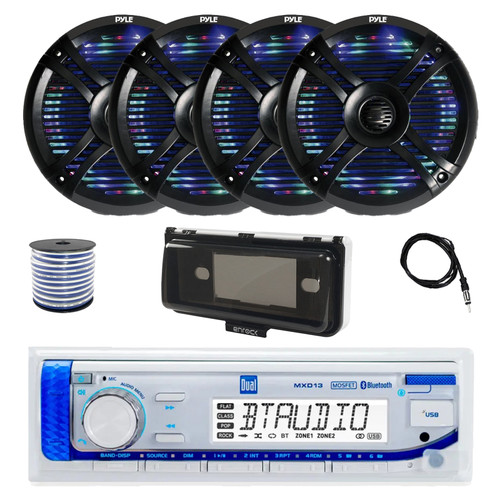 Dual MXD13 Single DIN Bluetooth Marine MP3 AM/FM Stereo Receiver with White Cover, 22" Radio Antenna, Wire, 4x 6.5" 250 Watt Max 2-Way Waterproof Multicolor LED Audio Speakers (Black)