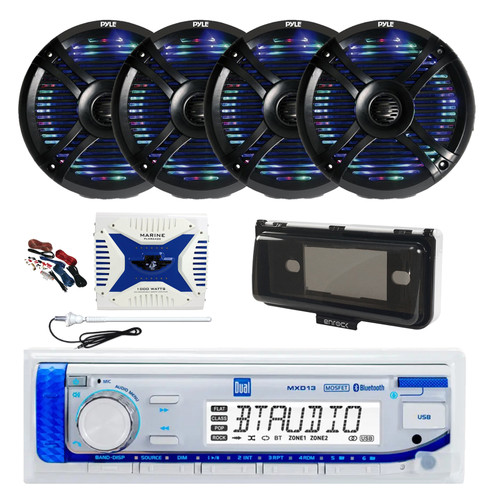 Dual MXD13 Single DIN Bluetooth Marine MP3 AM/FM Stereo Receiver with White Cover, Long Range Antenna, Amplifier w/Kit, 4x 6.5" 250 Watt Max 2-Way Waterproof Multicolor LED Audio Speakers (Black)