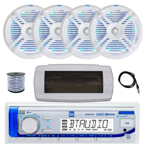 Dual MXD13 Single DIN Bluetooth Marine MP3 AM/FM Stereo Receiver with White Cover, 22" Radio Antenna, Wire, 4x 6.5" 250 Watt Max 2-Way Waterproof Multicolor LED Audio Speakers (White)