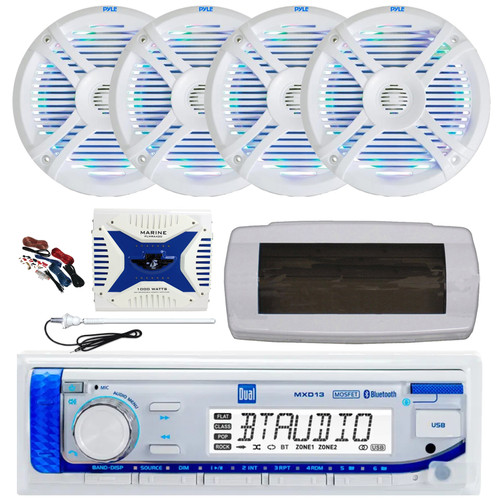 Dual MXD13 Single DIN Bluetooth Marine MP3 AM/FM Stereo Receiver with White Cover, Long Range Antenna, Amplifier w/Kit, 4x 6.5" 250 Watt Max 2-Way Waterproof Multicolor LED Audio Speakers (White)