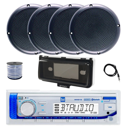 Dual MXD13 Single DIN Bluetooth Marine MP3 AM/FM Stereo Receiver with White Cover, 22" Radio Antenna, Wire, 4x 5.25" 20 Watt Max Polycone Audio Speakers (Black, Bulk Packaging)