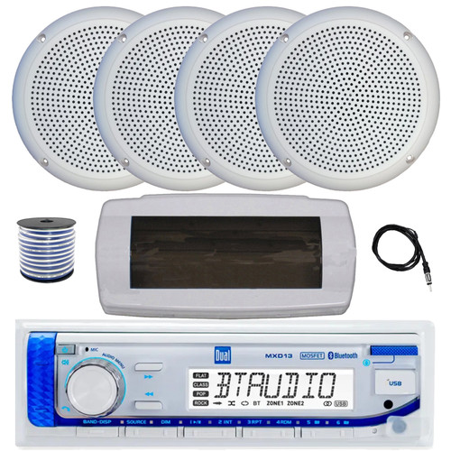 Dual MXD13 Single DIN Bluetooth Marine MP3 AM/FM Stereo Receiver with White Cover, 22" Radio Antenna, Wire, 4x 5.25" 20 Watt Max Polycone Audio Speakers (White, Bulk Packaging)