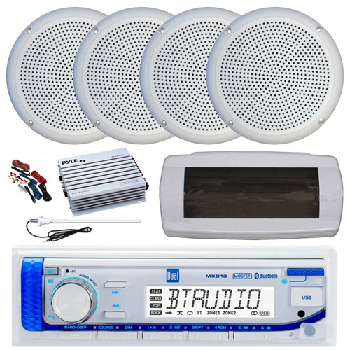 Dual MXD13 Single DIN Bluetooth Marine MP3 AM/FM Stereo Receiver with White Cover, Long Range Antenna, Amplifier w/Kit, 4x 5.25" 20 Watt Max Polycone Audio Speakers (White, Bulk Packaging)