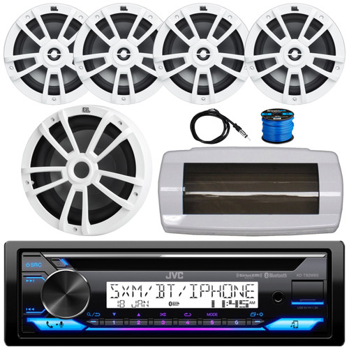 JVC KD-T92MBS Single-DIN Marine Bluetooth USB/AUX CD Player AM/FM Stereo Receiver W/White Cover, 4x 8" 375W Max Power High-Performance Boat White Speakers W/Wire, 10" 600W Max Power Subwoofer, Antenna