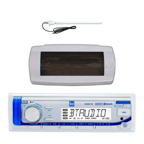 Dual Electronics MXD13 Marine Mechless Digital Media Bluetooth MP3 AUX USB AM/FM Radio Boat Stereo Receiver with White Cover, Long Range Antenna