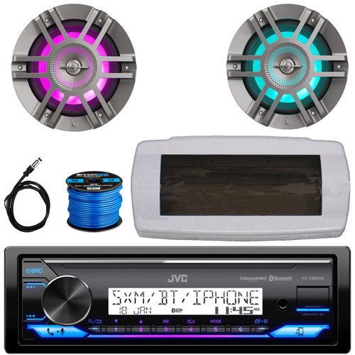 JVC KD-X38MBS Single-DIN Marine Bluetooth USB/AUX LED AM/FM SiriusXM Ready Stereo Receiver W/White Cover, 2x 6.5" 300W Max 2-Way Coaxial Titanium Boat RGB LED Speakers, 50 Feet Speaker Wire, Antenna
