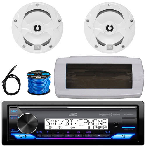 JVC KD-X38MBS Single-DIN Marine Bluetooth USB/AUX LED AM/FM SiriusXM Ready Stereo Receiver W/White Cover, 2x 6.5" 225W Max Power 2-Way Multi-Element Boat Audio White Speakers W/50 Feet Wire, Antenna