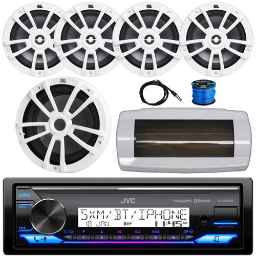 JVC KD-X38MBS Single-DIN Marine Bluetooth USB/AUX LED AM/FM SiriusXM Ready Stereo Receiver W/White Cover, 4x 8" 375W Max Power Boat White Speakers W/50 Feet Wire, 10" 600W Max Power Subwoofer, Antenna