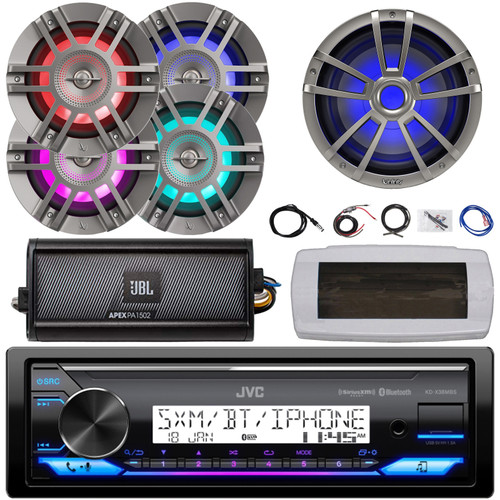 JVC KD-X38MBS Single-DIN Marine Bluetooth USB/AUX LED AM/FM SiriusXM Ready Stereo Receiver W/White Cover, 4x 6.5" 300W Max Titanium RGB LED Speakers, 10" Subwoofer, 2-Channel Amplifier W/Kit, Antenna