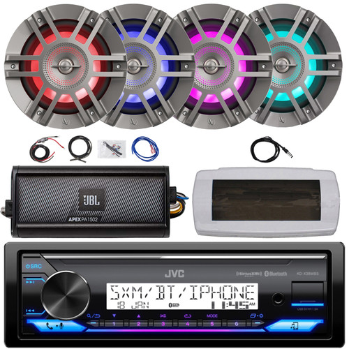 JVC KD-X38MBS Single-DIN Marine Bluetooth USB/AUX LED AM/FM SiriusXM Ready Stereo Receiver W/White Cover, 4x 6.5" 300W Max 2-Way Titanium Boat RGB LED Speakers, 2-Channel Amplifier W/Kit, 22" Antenna