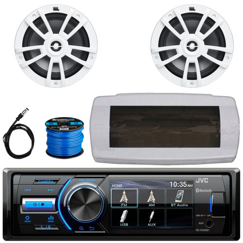 JVC KD-X560BT Single-DIN Marine Bluetooth USB/AUX MP3 AM/FM Radio Digital Media Stereo Receiver W/White Cover, 2x 8" 375W Max Power High-Performance Boat White Speakers, 50 Feet Speaker Wire, Antenna