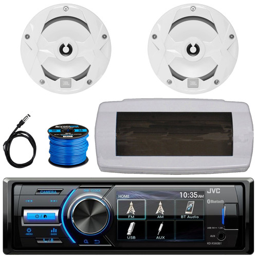 JVC KD-X560BT Single-DIN Marine Bluetooth USB/AUX MP3 AM/FM Radio Digital Media Stereo Receiver W/White Cover, 2x 6.5" 225W Max Power 2-Way Multi-Element Boat White Speakers W/50 Feet Wire, Antenna