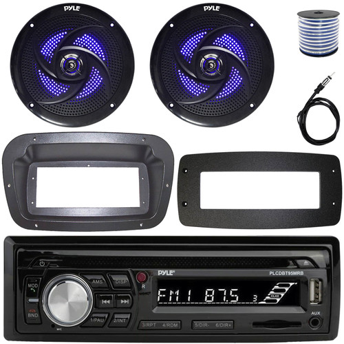 Pyle PLCDBT95 Single-DIN Bluetooth Marine AUX/USB CD Player/MP3 AM/FM In-Dash Stereo Receiver W/Install Kit + Adapter Plate, 2x 8'' 320W Max Power Low Profile 2-Way Blue LED Speakers W/Wire, Antenna