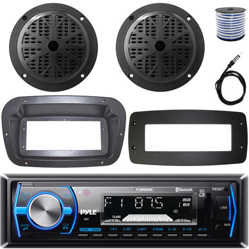 Pyle PLMRB29B Single-DIN Marine Bluetooth USB/AUX MP3 AM/FM In-Dash Stereo Black Receiver W/Install Kit + Adapter Plate, 2x 5.25'' 100W Max Power 2-Way Full Range Boat Speakers W/50 Feet Wire, Antenna