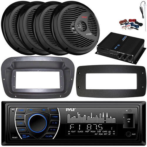 Pyle PLRMR27BTB Single-DIN Marine Bluetooth USB/AUX MP3 AM/FM Radio Stereo Receiver W/Install Kit + Adapter Plate, 4x 8'' 180W Max Power Full Range Black Speakers, 4-Channel Amplifier W/Kit, Antenna