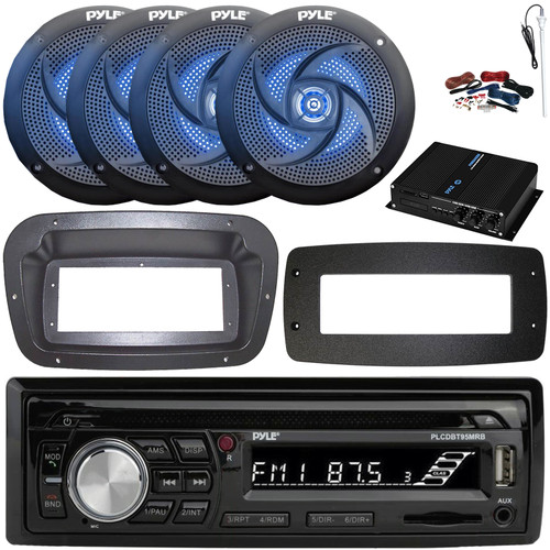Pyle PLCDBT95 Single-DIN Bluetooth Marine AUX/USB CD Player/MP3 AM/FM In-Dash Stereo Receiver W/Install Kit + Adapter Plate, 4x 6'' 240W Max 2-Way Blue LED Speakers, 4 Channel Amplifier W/kit, Antenna