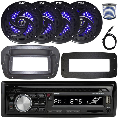 Pyle PLCDBT95 Single-DIN Bluetooth Marine AUX/USB CD Player/MP3 AM/FM In-Dash Stereo Receiver W/Install Kit + Adapter Plate, 4x 8'' 320W Max Power Low Profile 2-Way Blue LED Speakers W/Wire, Antenna