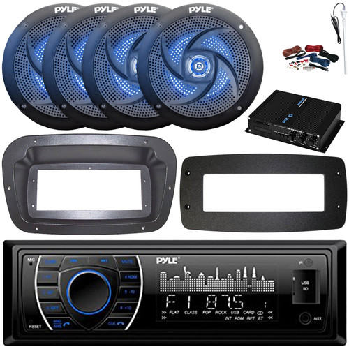 Pyle PLRMR27BTB Single-DIN Marine Bluetooth USB/AUX MP3 AM/FM Radio Stereo Receiver W/Install Kit + Adapter Plate, 4x 6'' 240W Max Power 2-Way Blue LED Speakers, 4 Channel Amplifier W/kit, Antenna