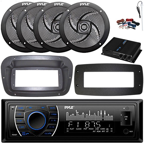 Pyle PLRMR27BTB Single-DIN Marine Bluetooth USB/AUX MP3 AM/FM Radio Stereo Receiver W/Install Kit + Adapter Plate, 4x 6'' 240W Max Power Low Profile 2-Way Speakers, 4 Channel Amplifier W/Kit, Antenna
