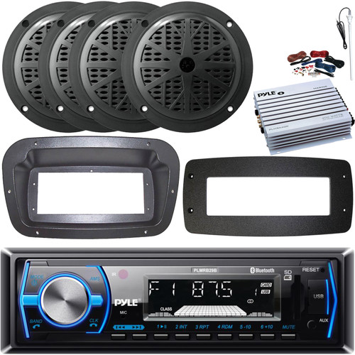 Pyle PLMRB29B Single-DIN Marine Bluetooth USB/AUX MP3 AM/FM In-Dash Stereo Black Receiver W/Install Kit + Adapter Plate, 4x 5.25'' 100W Max Full Range Boat Speakers, 4 Channel Amplifier W/Kit, Antenna