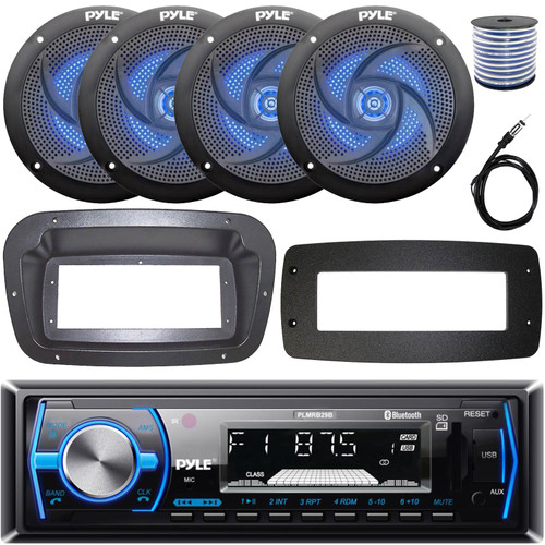 Pyle PLMRB29B Single-DIN Marine Bluetooth USB/AUX MP3 AM/FM In-Dash Stereo Black Receiver W/Install Kit + Adapter Plate, 4x 5.25" 180W Max Power Low-Profile Blue LED Speakers W/50 Feet Wire, Antenna