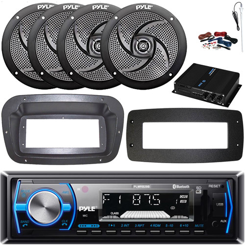 Pyle PLMRB29B Single-DIN Marine Bluetooth USB/AUX MP3 AM/FM In-Dash Stereo Black Receiver W/Install Kit + Adapter Plate, 4x 6'' 240W Max Power Low Profile Speakers, 4 Channel Amplifier W/Kit, Antenna