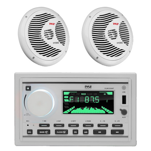 Pyle PLMR3DNWT Double DIN Marine USB Bluetooth AM/FM MP3 Stereo Receiver with (Pair) of Pyle PLMR60W 6.5'' 150 Watt Max Dual Cone Full Range Waterproof Speakers (White)