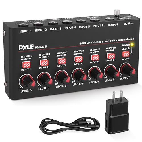 Pyle PMAX6 6-Channel Wireless Bluetooth Streaming Ultra-low Noise Design Mini Line Mixer with Built-in USB Sound Card and USB Audio Interface