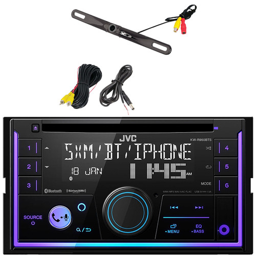 JVC KW-R950BTS Double-DIN Bluetooth USB/AUX CD Player AM/FM Radio Stereo Receiver Bundle Combo With License Plate Mount Rear View Backup Color Camera With Distance Scale Line (Zinc Black Chrome)