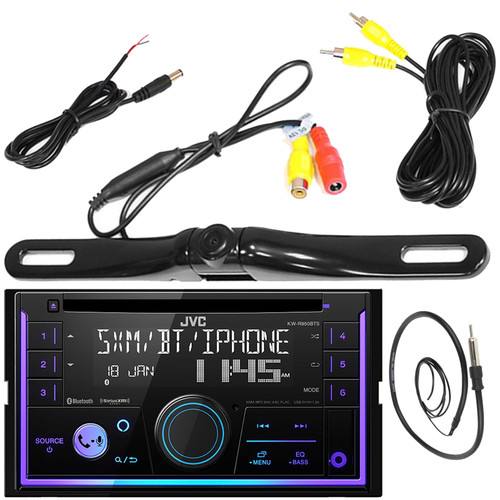 JVC KW-R950BTS Double-DIN Bluetooth USB/AUX CD Player AM/FM Radio Stereo Receiver, License Plate Mount Rear View Backup Color Camera With Distance Scale Line (Zinc Black Chrome), 22" Radio Antenna