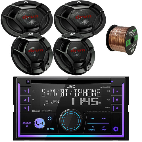 JVC KW-R950BTS Double-DIN Bluetooth USB/AUX CD Player AM/FM Radio Stereo Receiver, 2x 6.5" 300W Max Power 2-Way Coaxial Speakers, 2x 6x9" 500W Peak Power 3-Way Speakers, 50 Feet 16 Gauge Speaker Wire