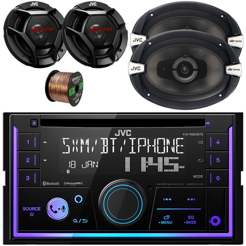 JVC KW-R950BTS Double-DIN Bluetooth USB/AUX CD Player AM/FM Radio Stereo Receiver, 2x 6.5" 300W Max Power 2-Way Coaxial Speakers, 2x 6x9" 500W Max Power 3-Way Speakers, 50 Feet 16 Gauge Speaker Wire