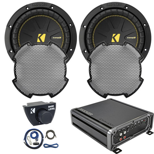 2x Kicker CWC8 COMPC 8" 400 Watts Peak Power 4-Ohm Dual Voice Coil Car Audio Subwoofer W/Grille, 400-Watt Class D Mono Subwoofer Amplifier, Wiring Installation Kit, Remote Control For Amps