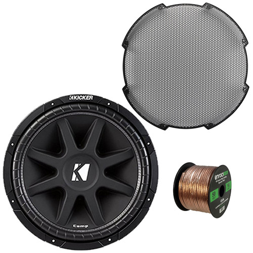 KICKER Comp 43C154 15" 500 Watts Max Power 4 Ohm Car Audio Power Subwoofer (Single) Bundle Combo 15" Round Steel Mesh Subwoofer Grille with 50 Feet 16 Gauge Speaker Wire
