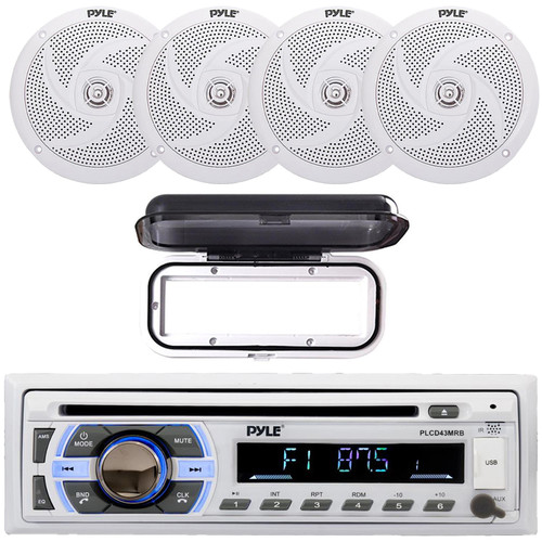 Pyle PLCD43MRB Single DIN Marine Bluetooth USB/AUX MP3 Player AM/FM Radio In-Dash Head unit Stereo Receiver w/White Cover, 4x Pyle PLMRS6W 6'' 240 Watt Max Power Low Profile 2-Way White Boat Speakers